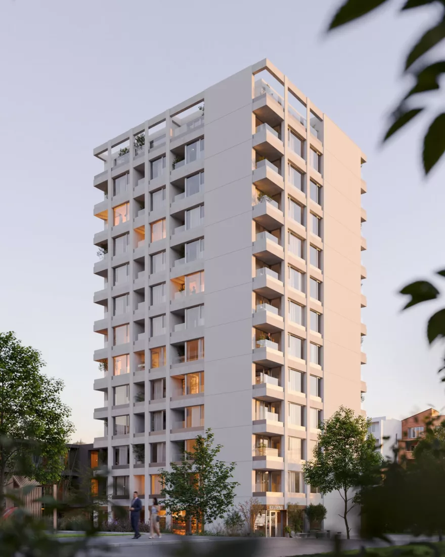 Věž ELEMENT Malešice s balkony v podvečerním světle